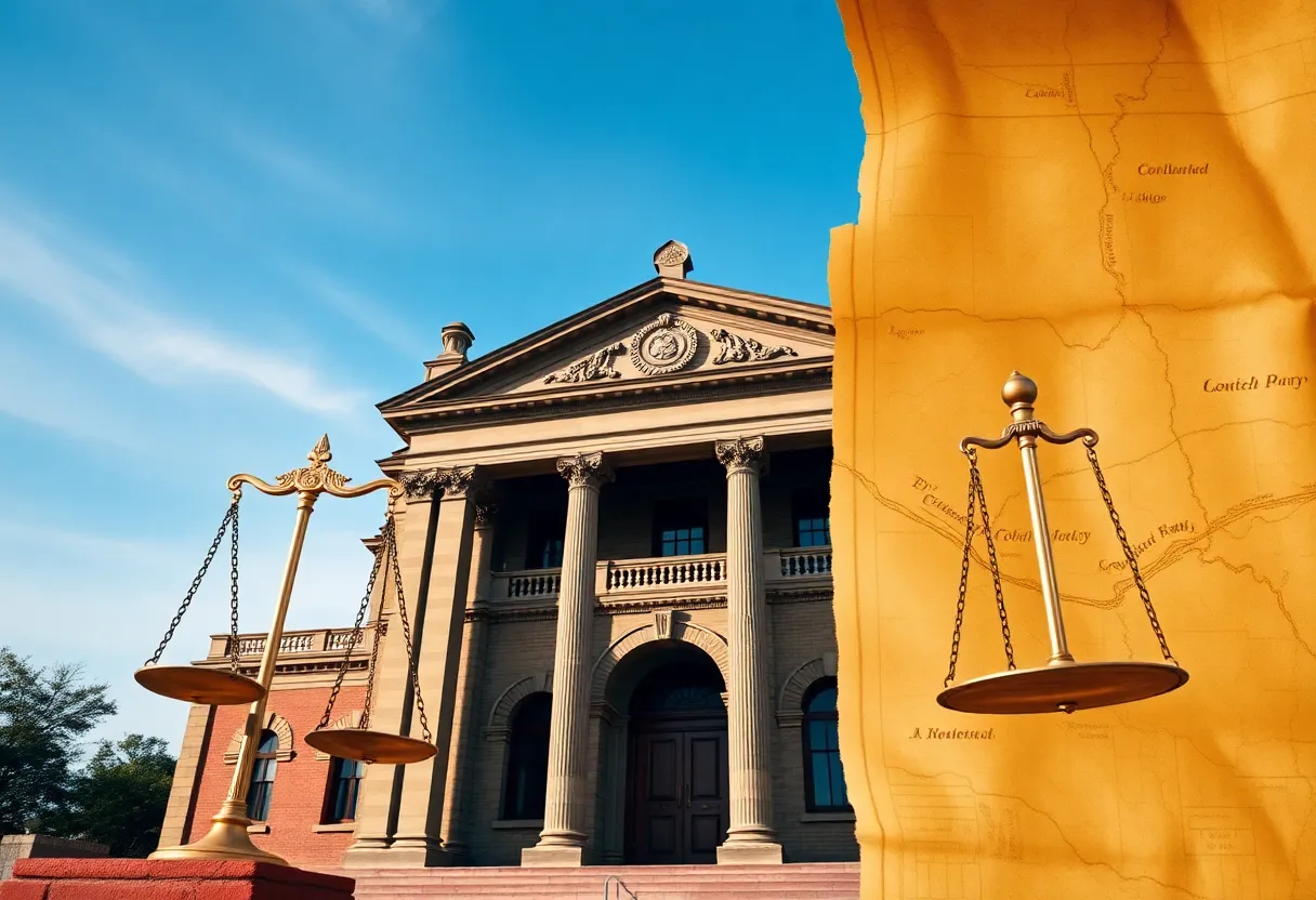 Courthouse representing justice in land theft cases