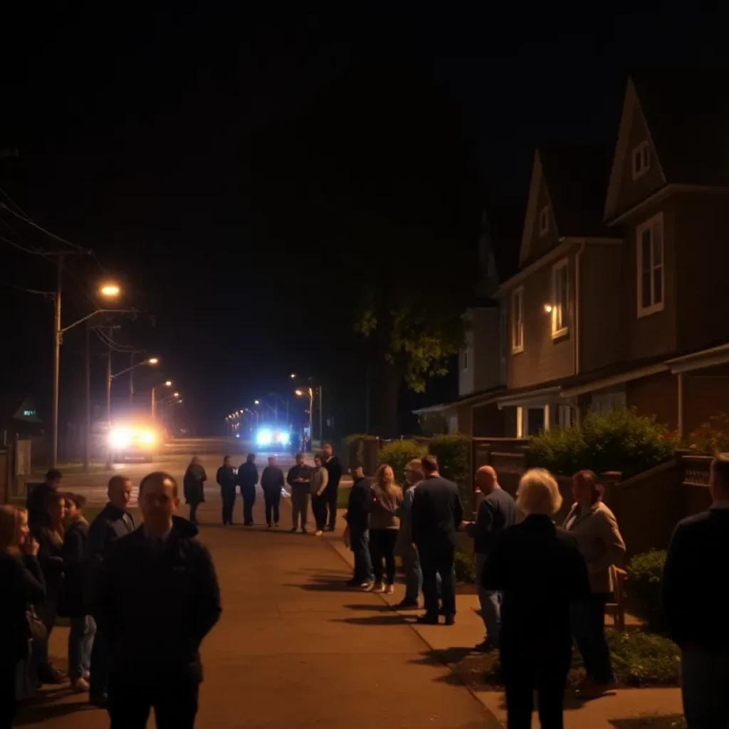 Scene of a nighttime gathering in Huntsville with distant police lights.