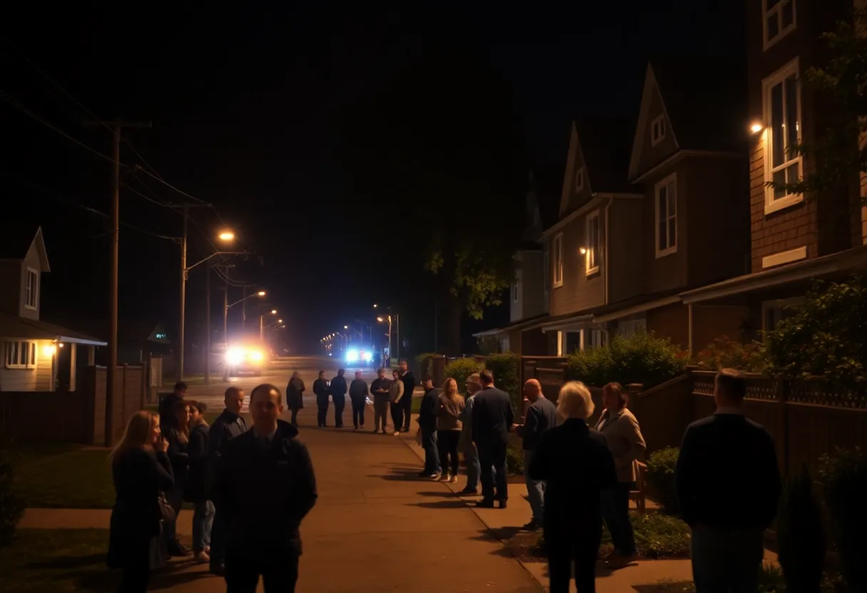 Scene of a nighttime gathering in Huntsville with distant police lights.