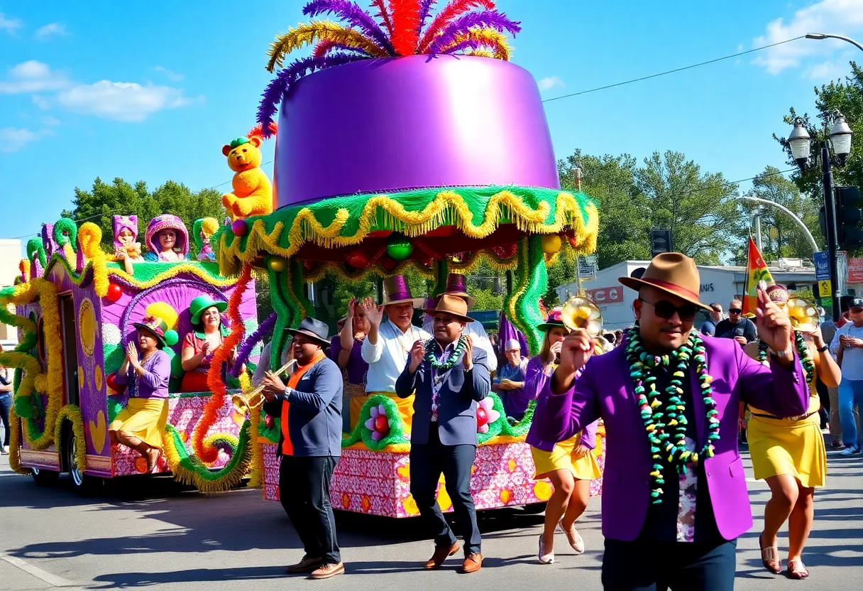 Colorful floats and lively parade at the Huntsville Mardi Gras.