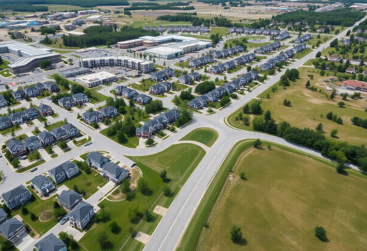 Aerial view of Huntsville's new residential and retail developments.