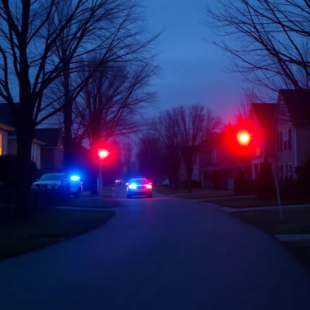 Police lights in a suburban neighborhood after a shooting incident.