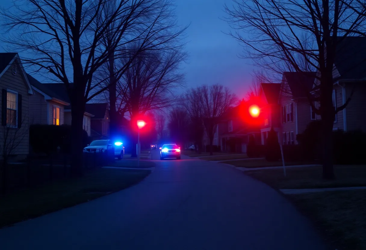 Police lights in a suburban neighborhood after a shooting incident.