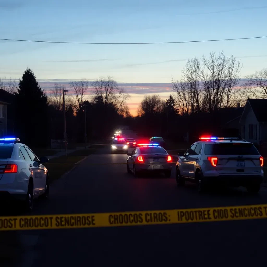 Police cars and yellow tape at a Huntsville neighborhood shooting scene