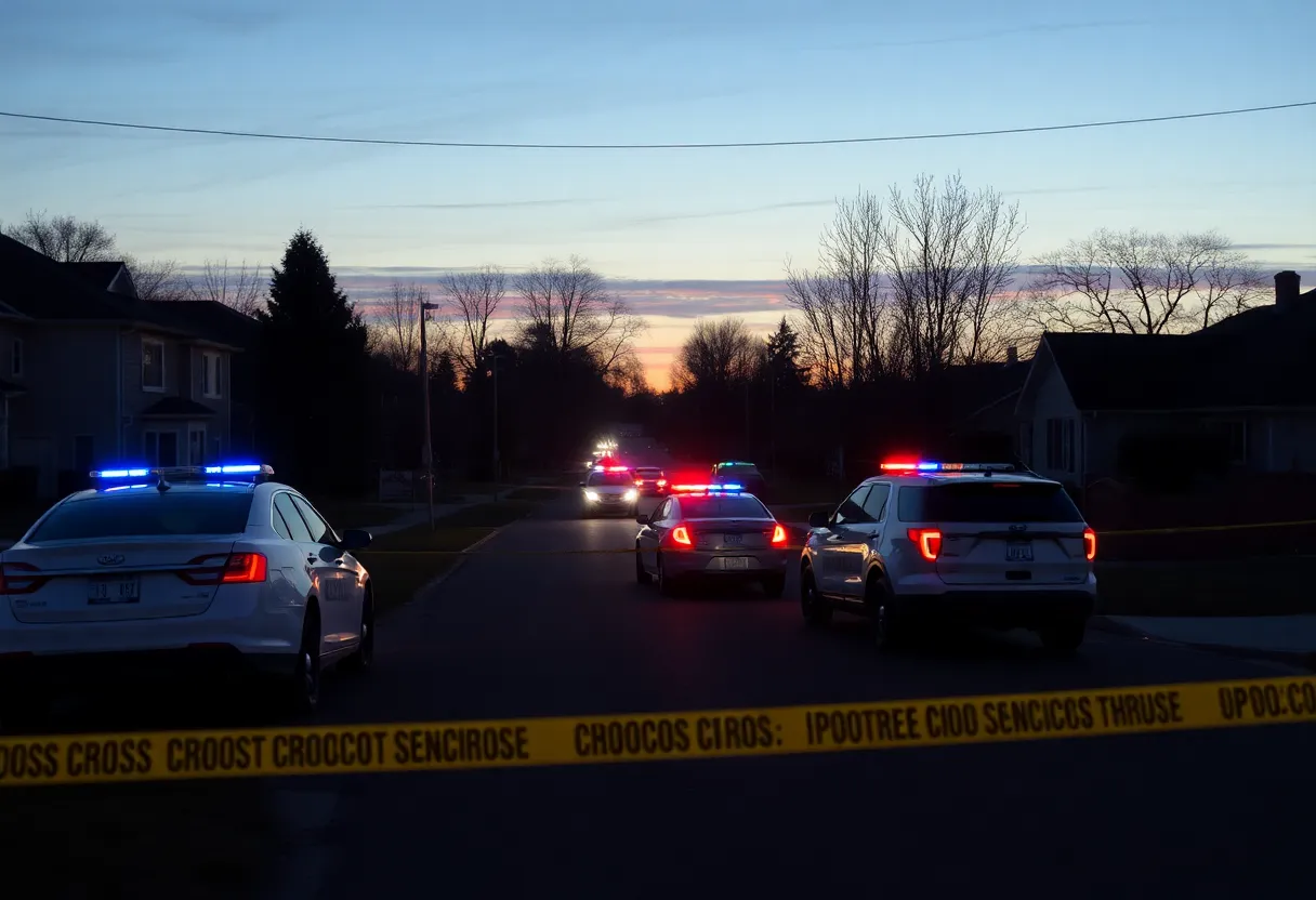 Police cars and yellow tape at a Huntsville neighborhood shooting scene