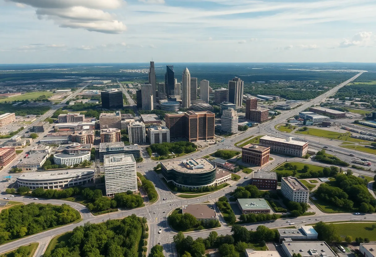 Aerial view of Huntsville, Alabama's skyline and cityscape.