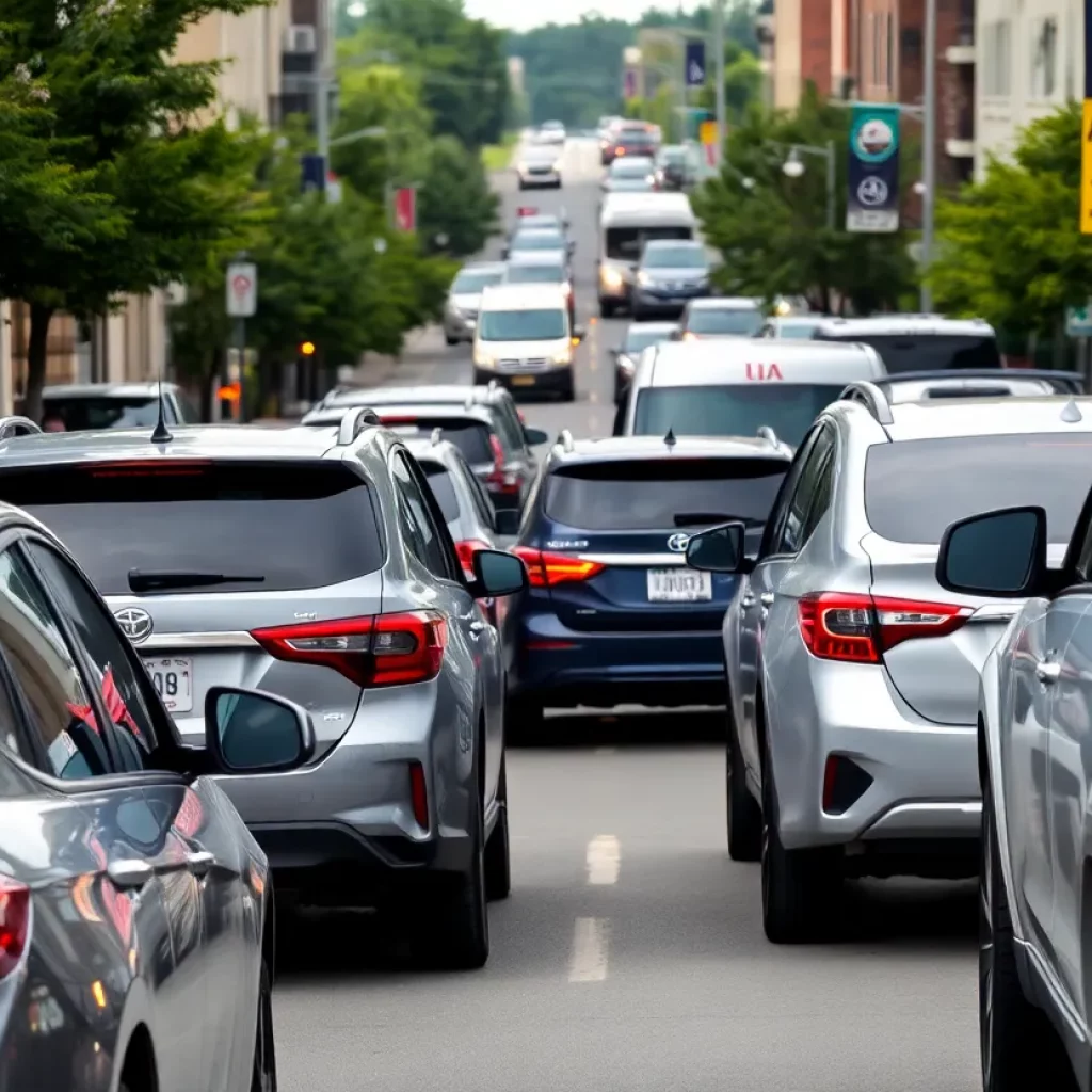A city street in Huntsville with vehicles, including modified cars.