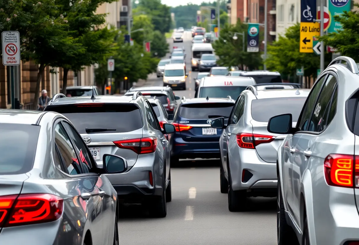A city street in Huntsville with vehicles, including modified cars.