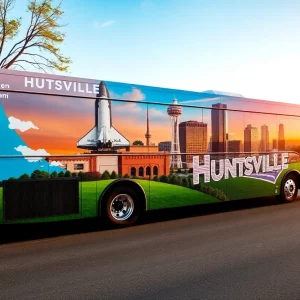 Huntsville theme-wrapped bus with iconic local attractions