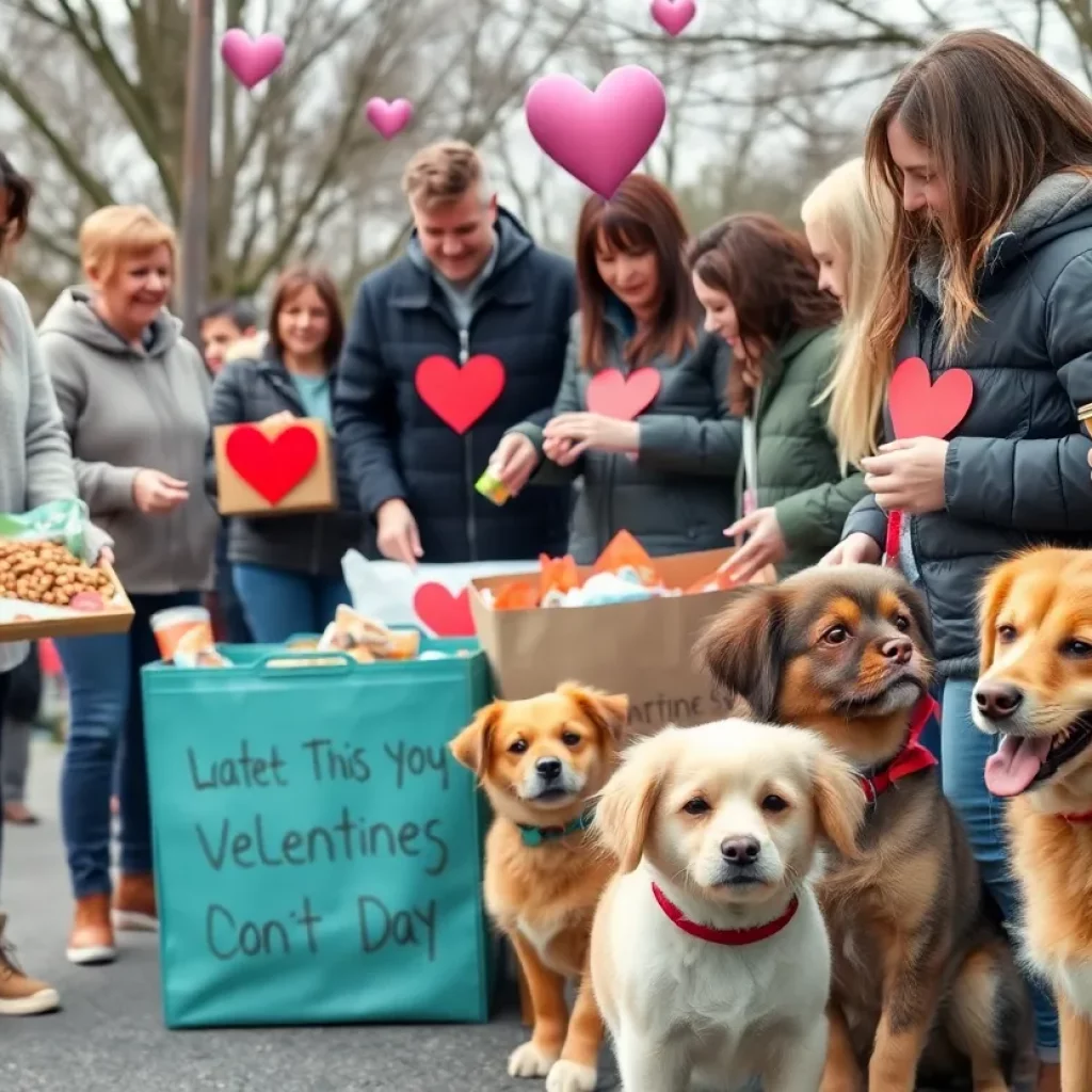 People distributing pet food at a Valentine’s Day event in Huntsville