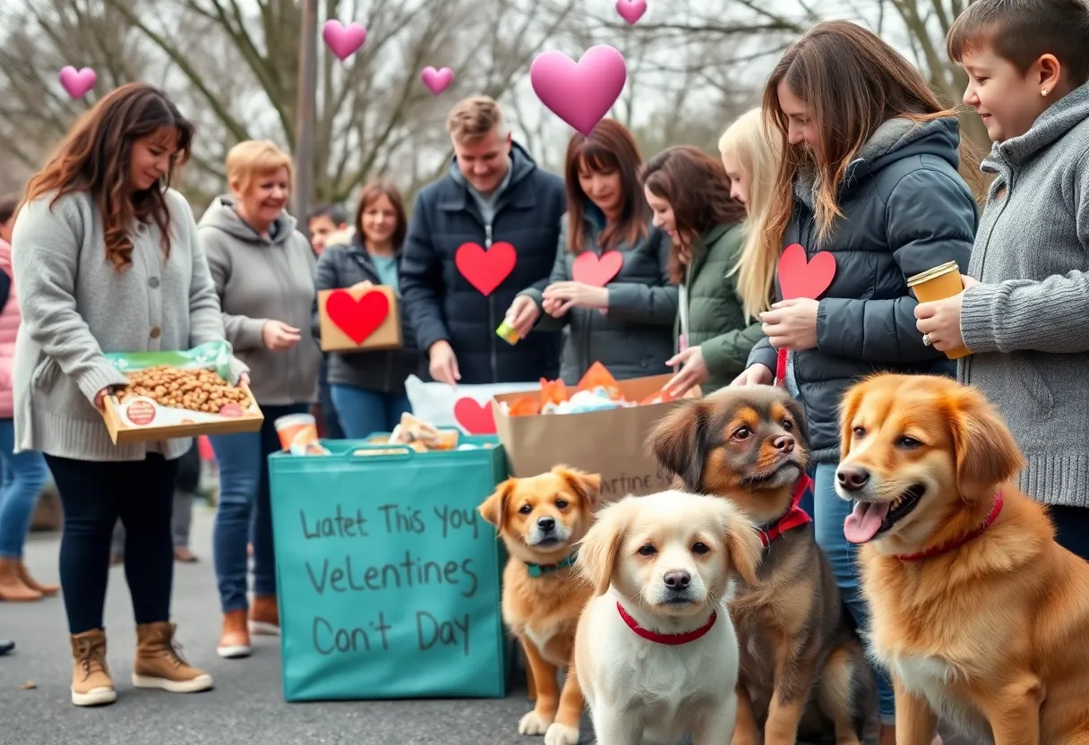 People distributing pet food at a Valentine’s Day event in Huntsville