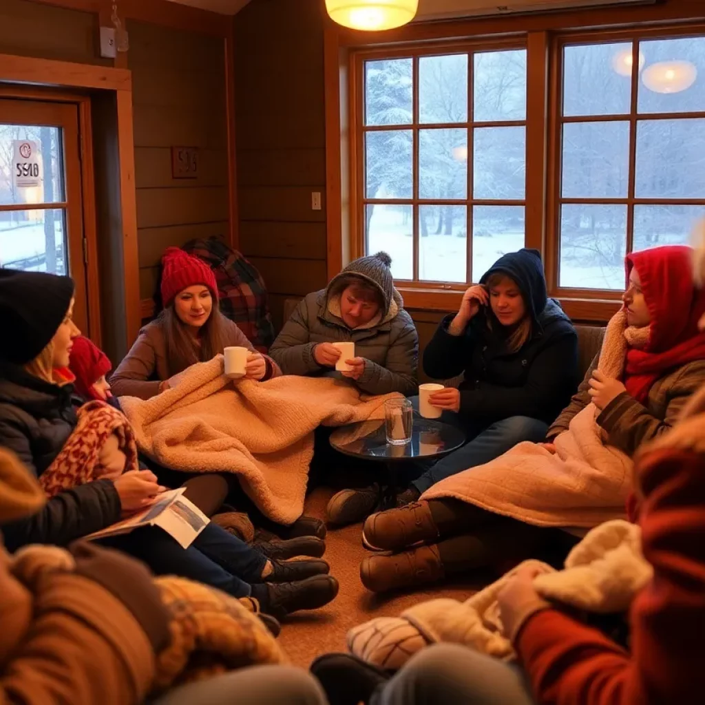 Inside view of a warming shelter in Huntsville with people sitting comfortably.