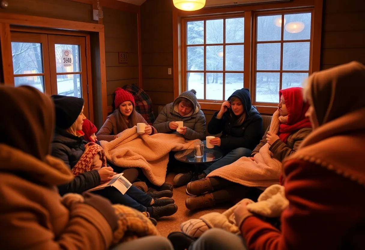 Inside view of a warming shelter in Huntsville with people sitting comfortably.