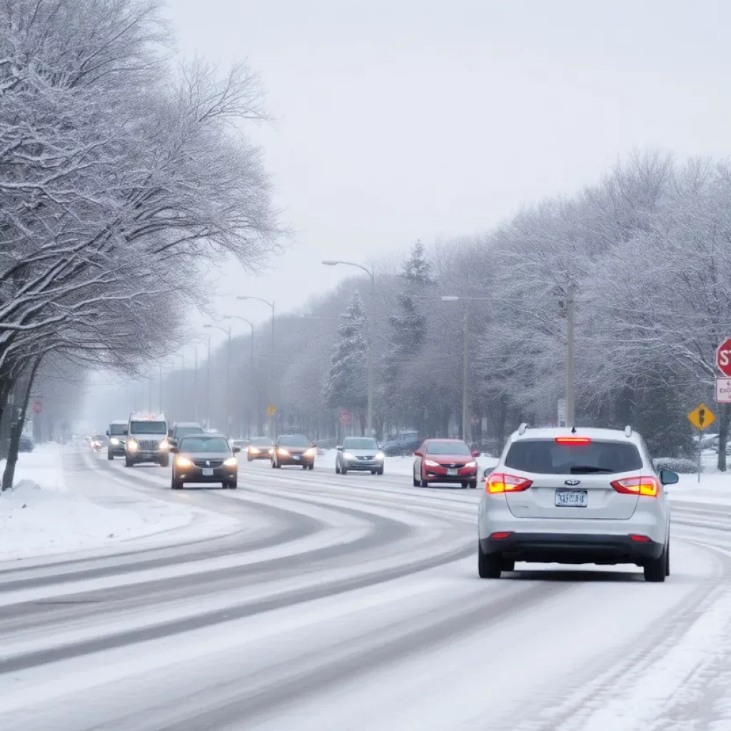 Icy roads in Huntsville with snow-covered landscape