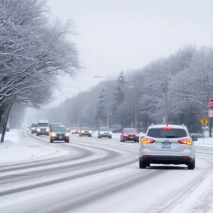 Icy roads in Huntsville with snow-covered landscape
