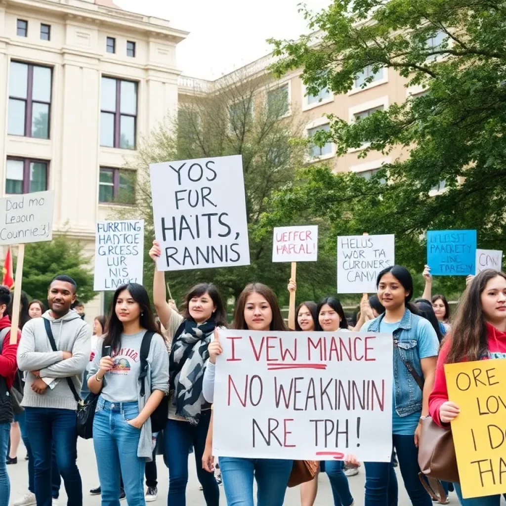 International students participating in a protest on campus.