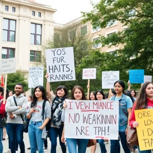 International students participating in a protest on campus.
