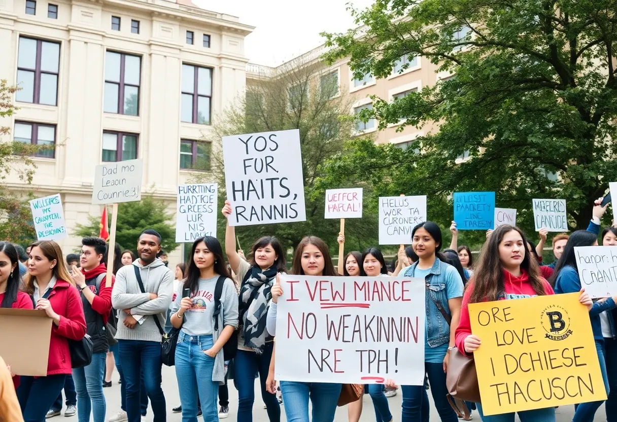 International students participating in a protest on campus.