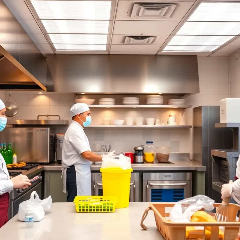 A clean restaurant kitchen with chefs practicing food safety