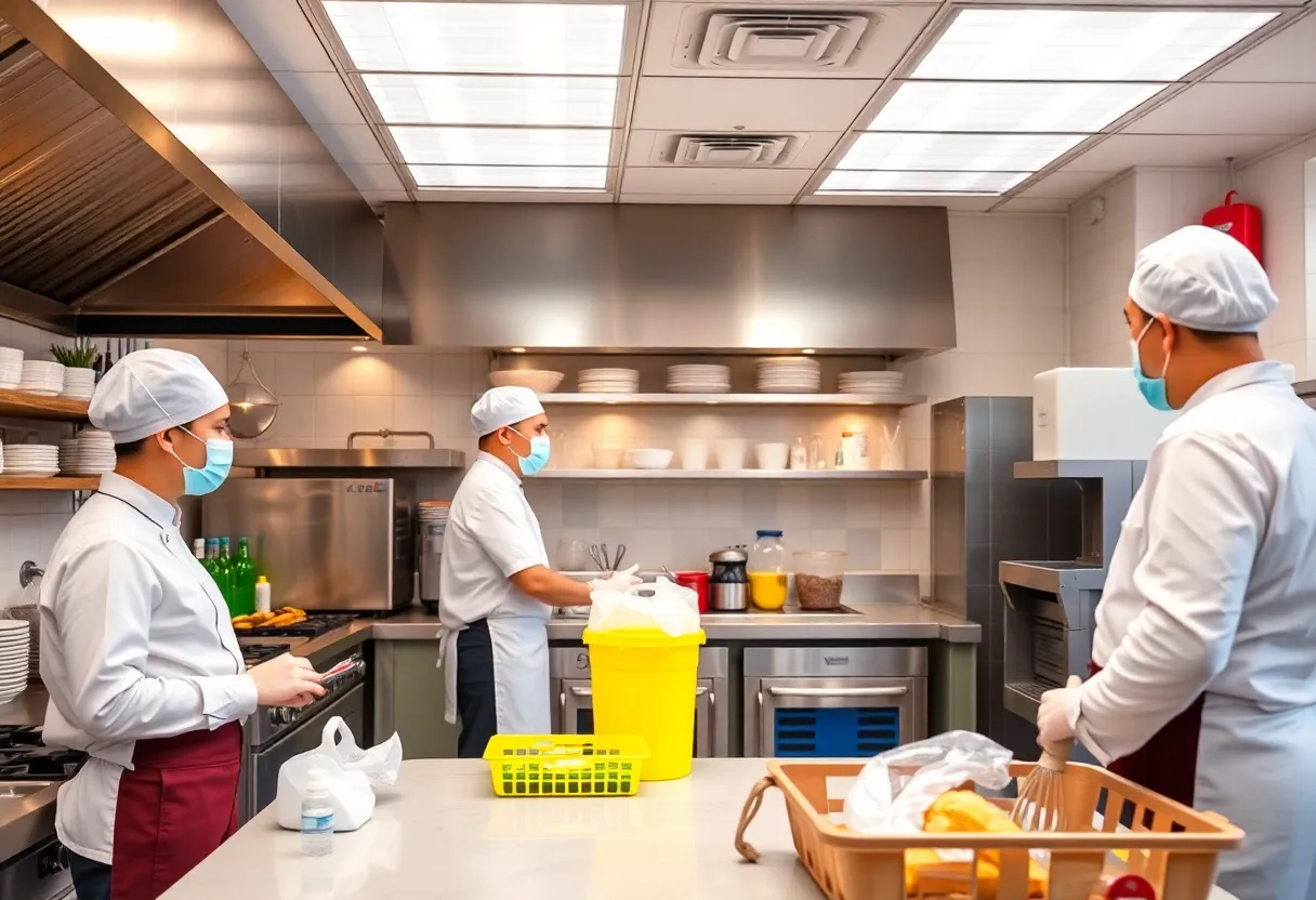 A clean restaurant kitchen with chefs practicing food safety