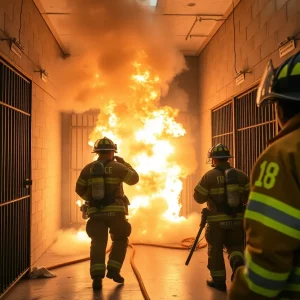 Firefighters extinguishing fire in a jail cell