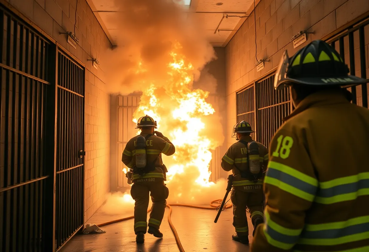 Firefighters extinguishing fire in a jail cell
