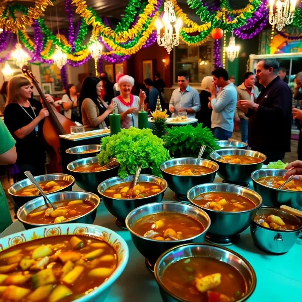 A festive table with gumbo dishes and Mardi Gras decorations