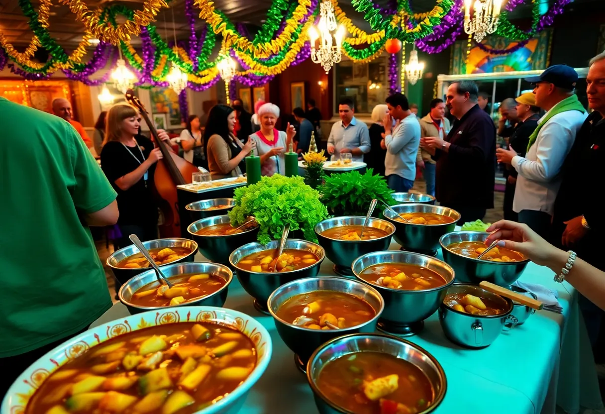 A festive table with gumbo dishes and Mardi Gras decorations