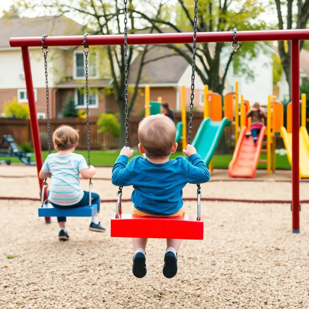 Playground in New Market, Alabama with swings and children playing.