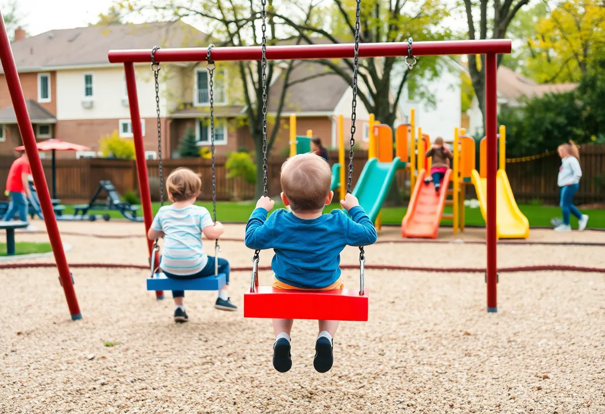 Playground in New Market, Alabama with swings and children playing.
