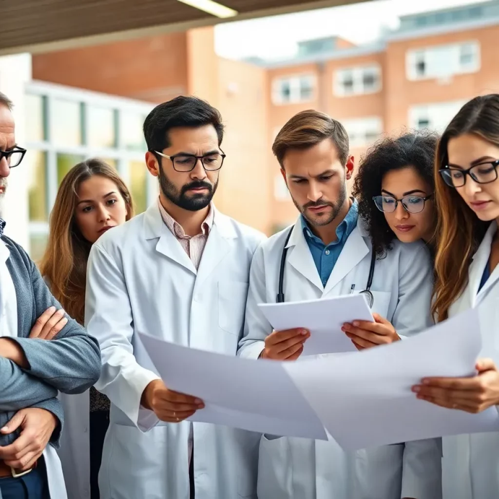 Researchers expressing concern over NIH funding cuts in a lab.