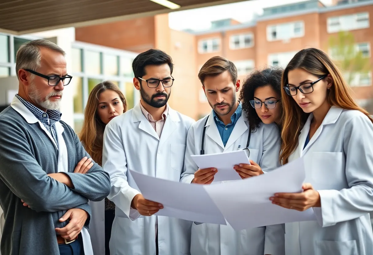 Researchers expressing concern over NIH funding cuts in a lab.