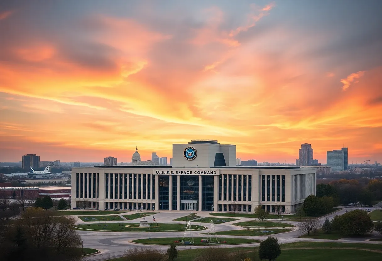 Artistic representation of Ohio skyline with military elements representing U.S. Space Command bid.