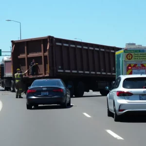 An overturned dump truck causing traffic delays on Pulaski Pike in Huntsville