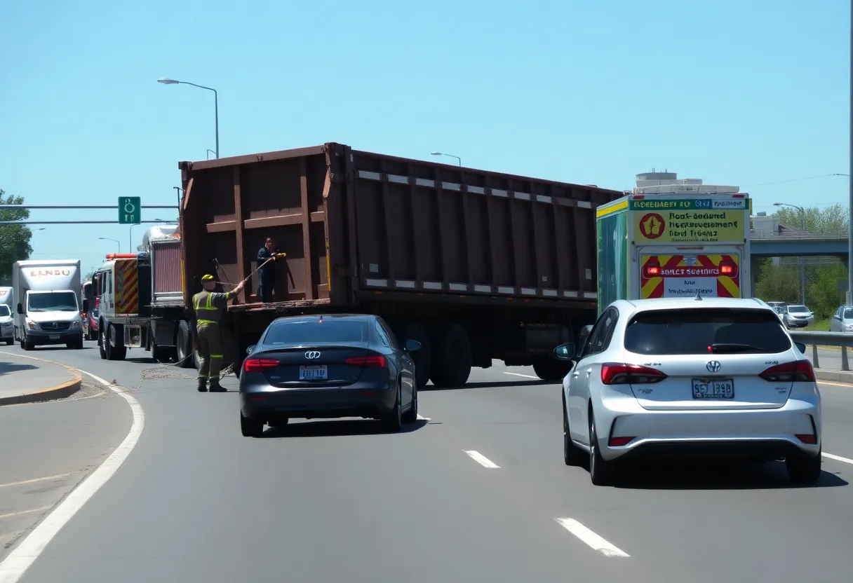 An overturned dump truck causing traffic delays on Pulaski Pike in Huntsville