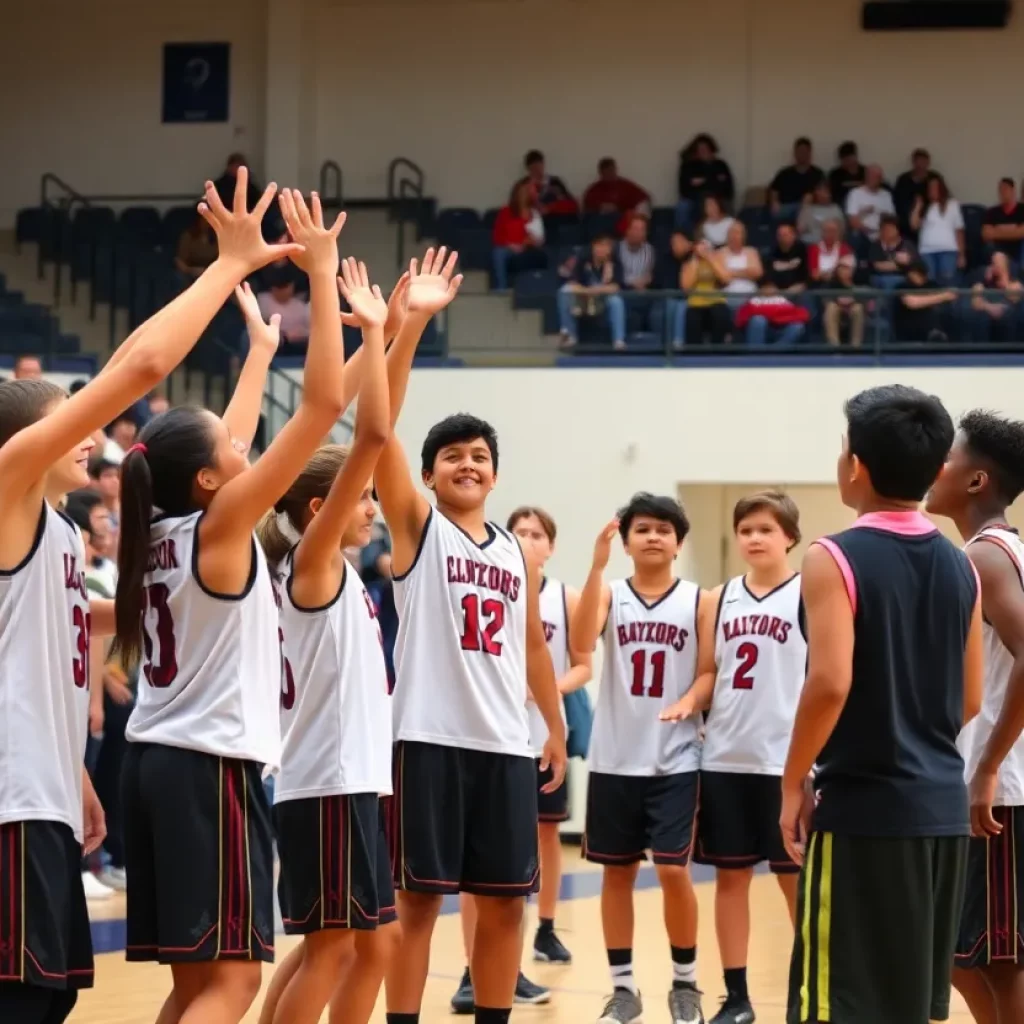 Celebration of Redstone 12U basketball team's victory on the court