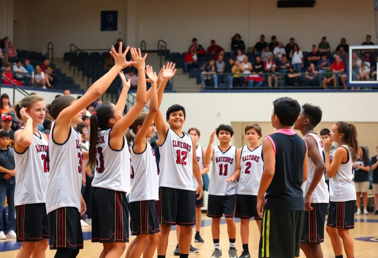 Celebration of Redstone 12U basketball team's victory on the court