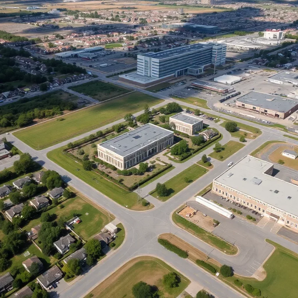 Aerial view of Redstone Arsenal in Huntsville, Alabama, showcasing the facility and surrounding community.