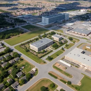 Aerial view of Redstone Arsenal in Huntsville, Alabama, showcasing the facility and surrounding community.