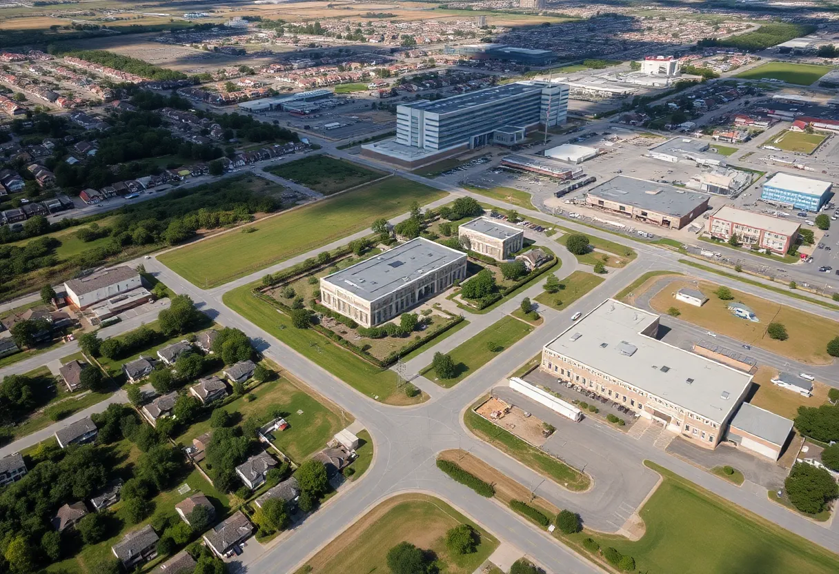 Aerial view of Redstone Arsenal in Huntsville, Alabama, showcasing the facility and surrounding community.