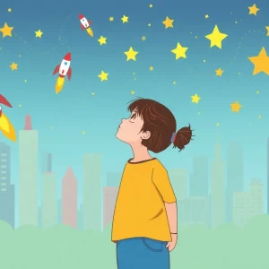 A young girl looking at a skyline of rockets and stars in Rocket City.
