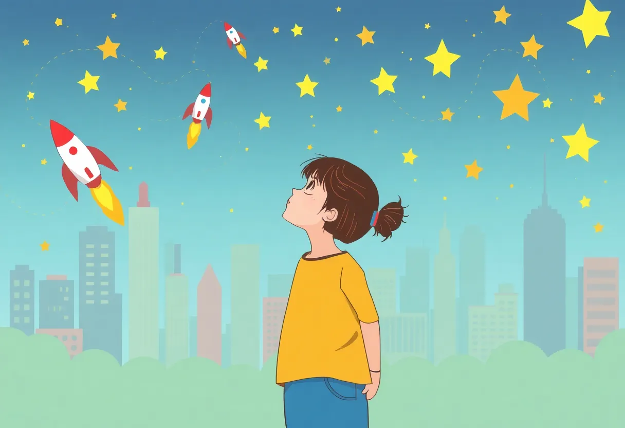 A young girl looking at a skyline of rockets and stars in Rocket City.