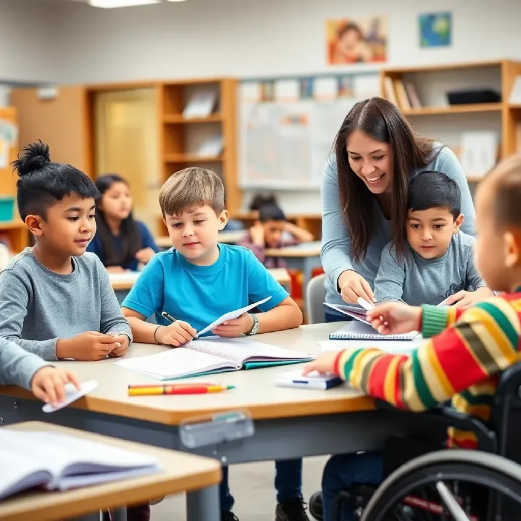 Group of diverse students with disabilities happily participating in a classroom setting