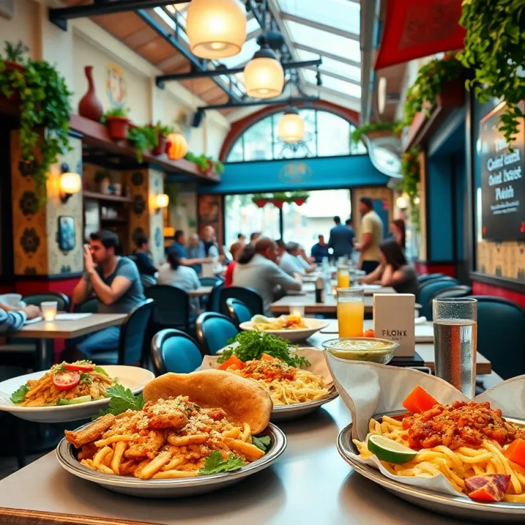 Interior view of Taziki's Mediterranean Café with patrons enjoying Mediterranean dishes.