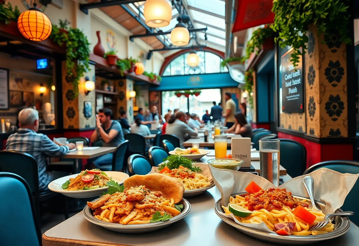 Interior view of Taziki's Mediterranean Café with patrons enjoying Mediterranean dishes.