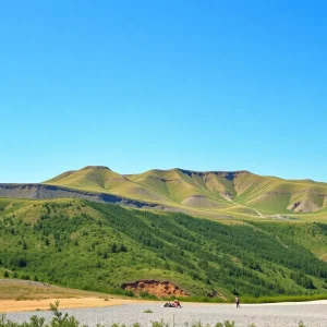 Landscape of Ukrainian mineral resources with hills under blue sky.