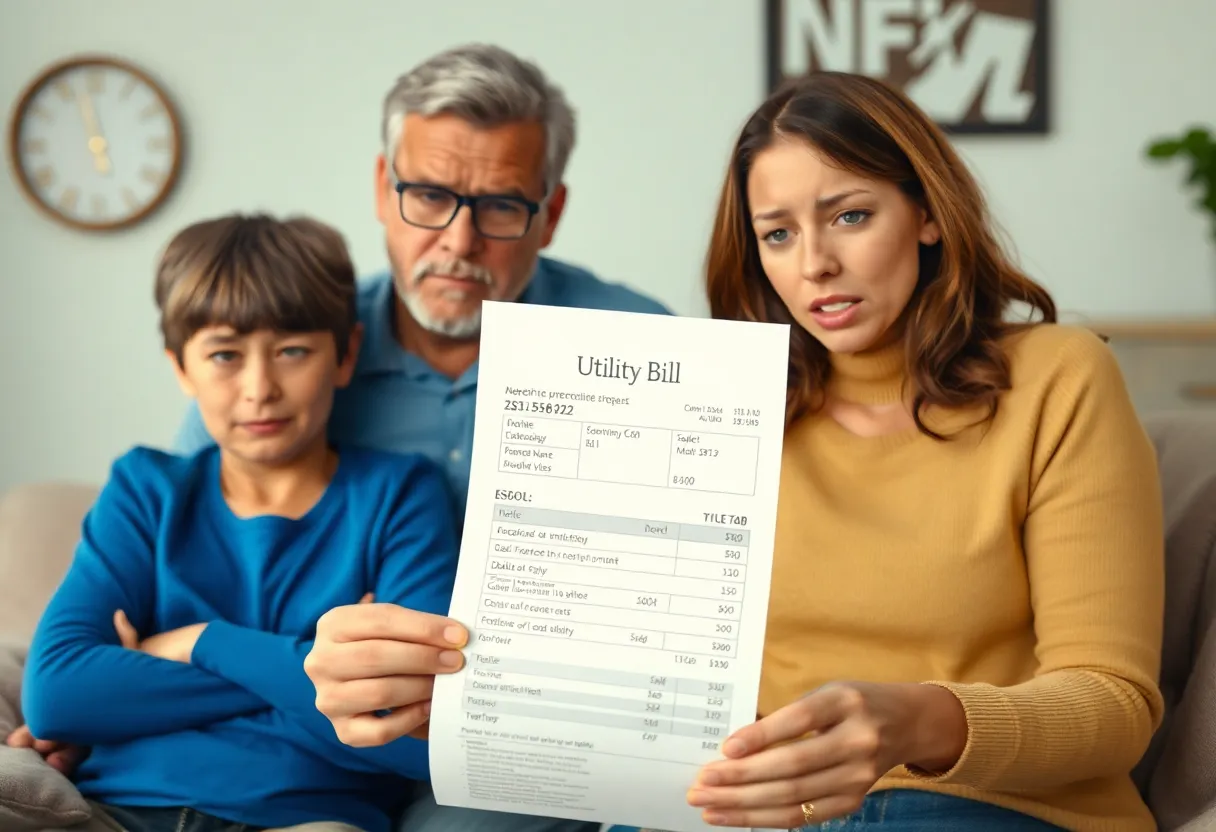 A concerned family looking at an unexpected utility bill