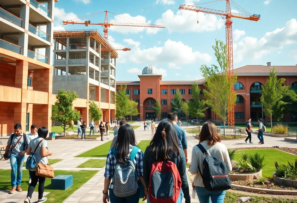 Aerial view of University of Alabama with construction projects underway