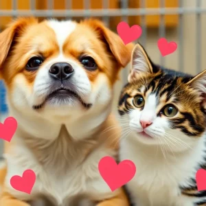 Happy dog and cat with valentine decor