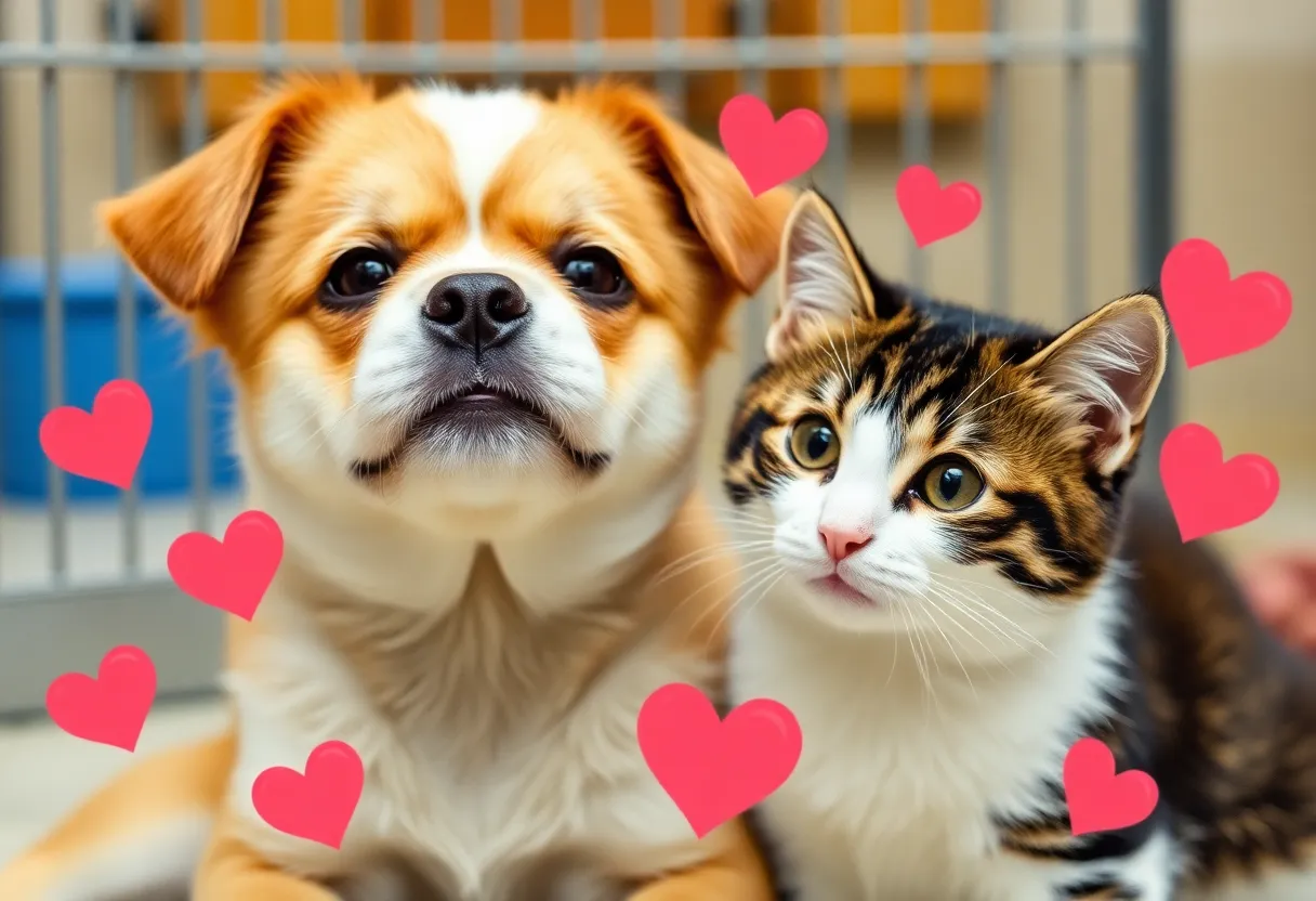 Happy dog and cat with valentine decor